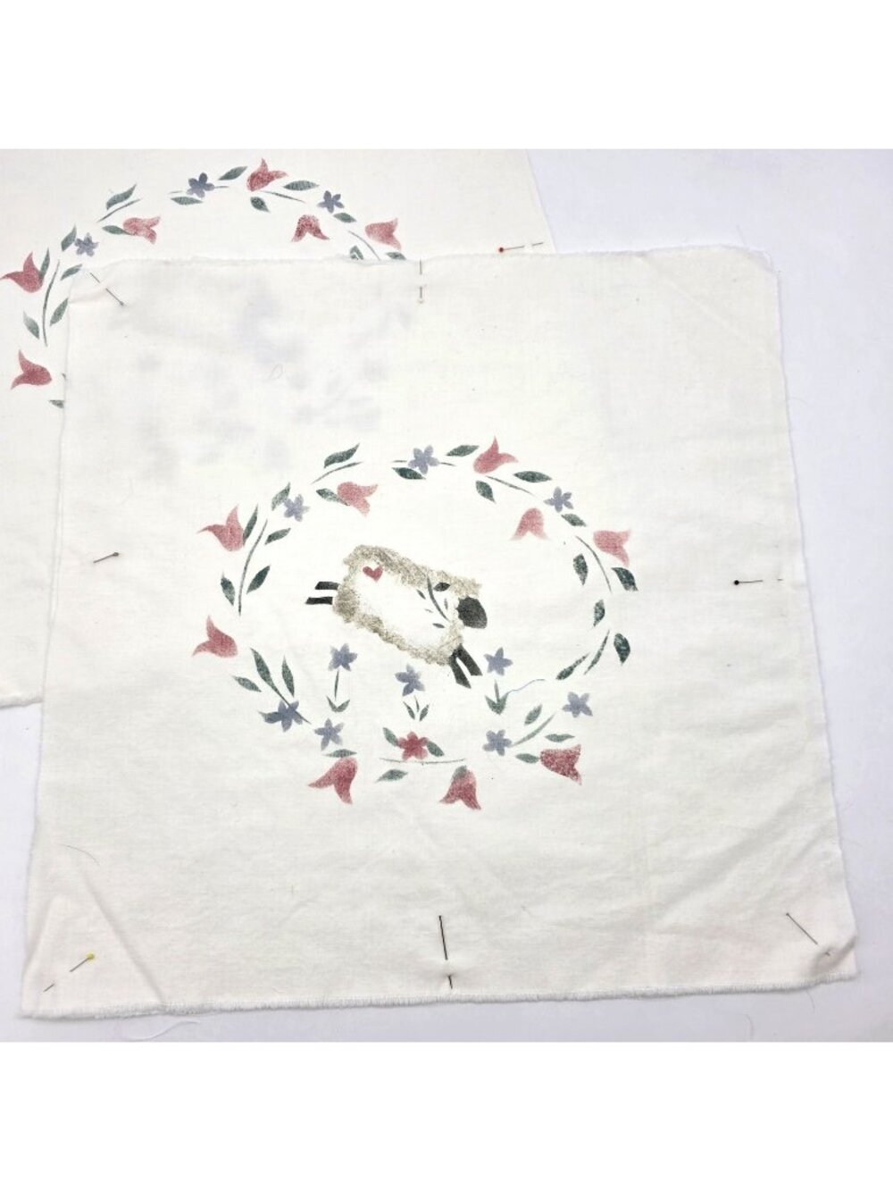 2 Sheep Quilt Blocks Pillow Tops Stenciled Folk Art Primitive with backing 16x16